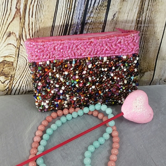 Handbags - Hot pink beaded small bag coins card purse